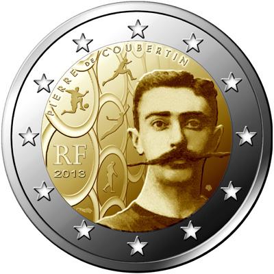 The 150th anniversary of the birth of Pierre de Coubertin, initiator of the revival of the Olympic Games, founder and first president of the International Olympic Committee coin